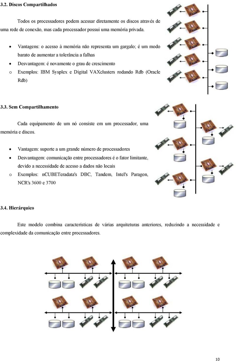 VAXclusters rodando Rdb (Oracle Rdb) 3.3. Sem Compartilhamento Cada equipamento de um nó consiste em um processador, uma memória e discos.