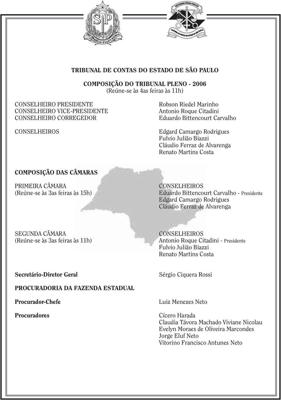 PRIMEIRA CÂMARA (Reúne-se às 3as feiras às 15h) CONSELHEIROS Eduardo Bittencourt Carvalho - Presidente Edgard Camargo Rodrigues Cláudio Ferraz de Alvarenga SEGUNDA CÂMARA (Reúne-se às 3as feiras às