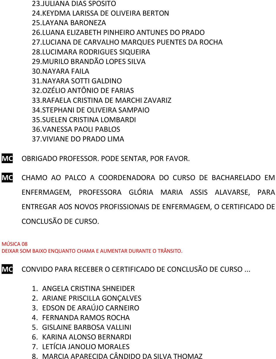 STEPHANI DE OLIVEIRA SAMPAIO 35. SUELEN CRISTINA LOMBARDI 36. VANESSA PAOLI PABLOS 37. VIVIANE DO PRADO LIMA MC OBRIGADO PROFESSOR. PODE SENTAR, POR FAVOR.