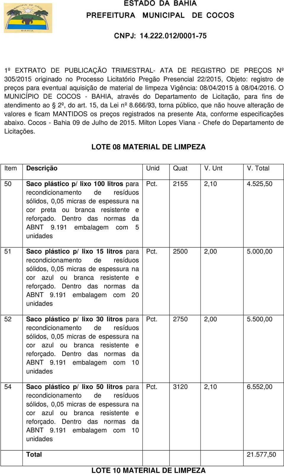 666/93, torna público, que não houve alteração de valores e ficam MANTIDOS os preços registrados na presente Ata, conforme especificações abaixo. Cocos - Bahia 09 de Julho de 2015.