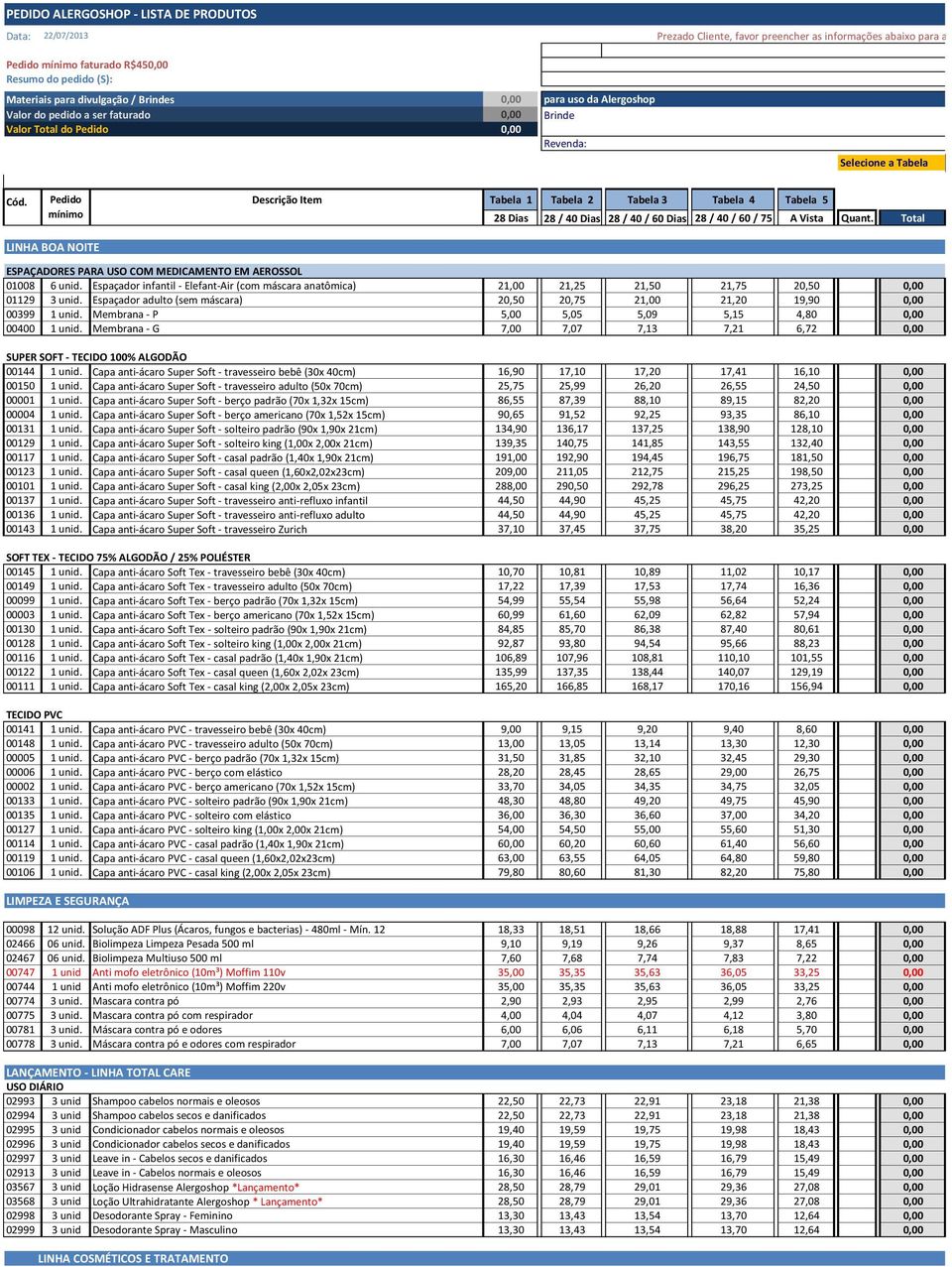 Pedido Descrição Item Tabela 1 Tabela 2 Tabela 3 Tabela 4 Tabela 5 mínimo 28 Dias 28 / 40 Dias 28 / 40 / 60 Dias 28 / 40 / 60 / 75 A Vista Quant.