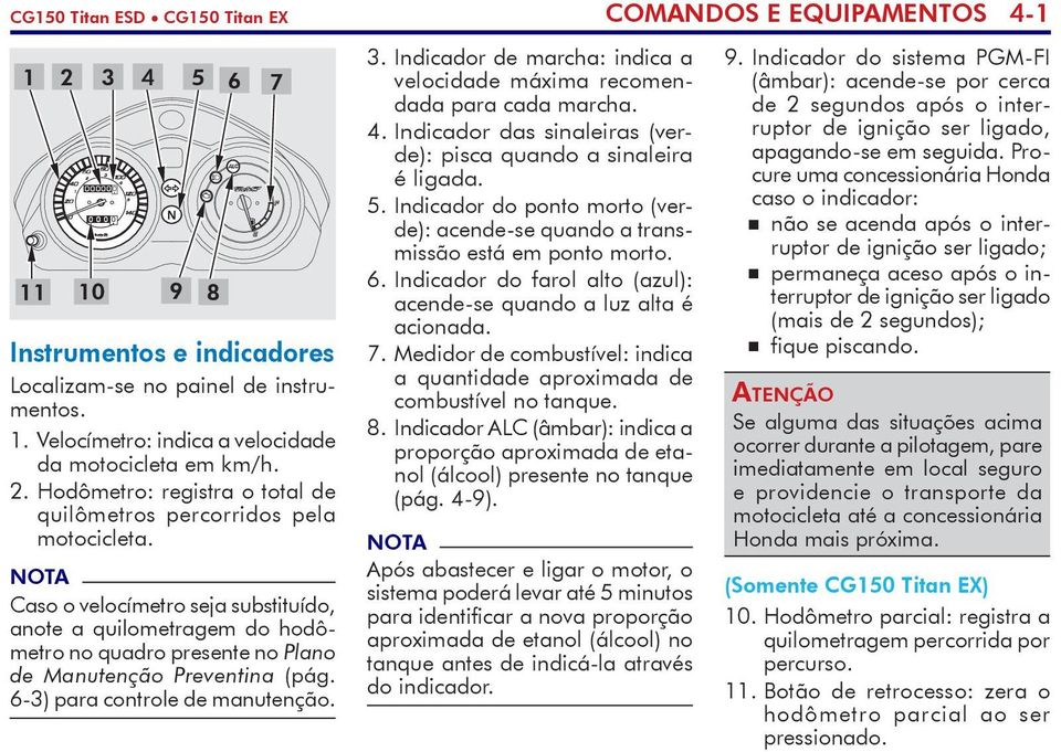 Indicador de marcha: indica a velocidade máxima recomendada para cada marcha. 4. Indicador das sinaleiras (verde): pisca quando a sinaleira é ligada. 5.