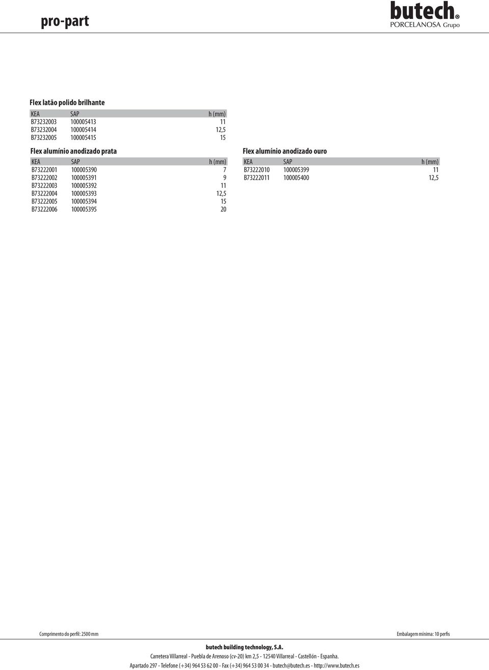 B73222011 100005400 12,5 Comprimento do perfil: 2500 mm Embalagem mínima: 10 perfis butech building technology, S.A.
