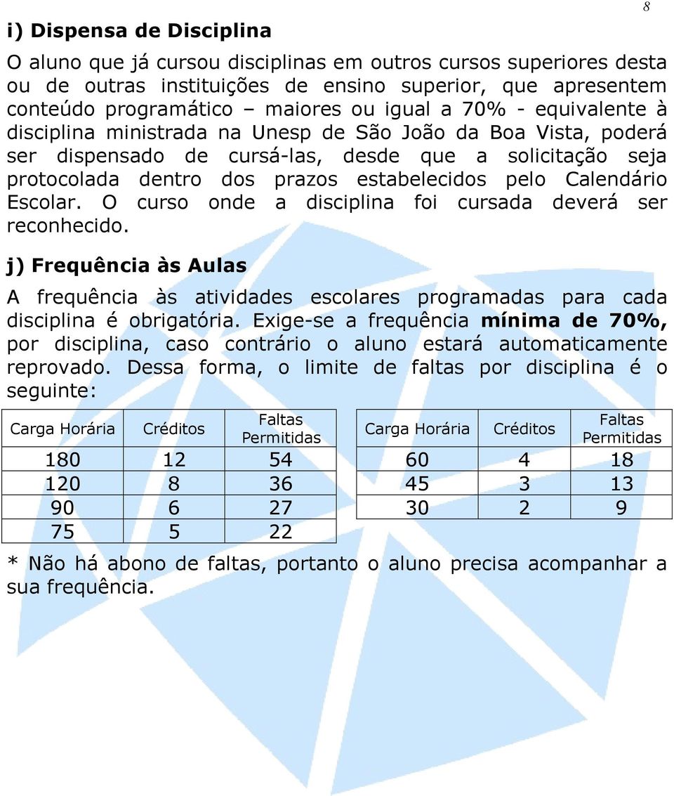 Escolar. O curso onde a disciplina foi cursada deverá ser reconhecido. j) Frequência às Aulas A frequência às atividades escolares programadas para cada disciplina é obrigatória.