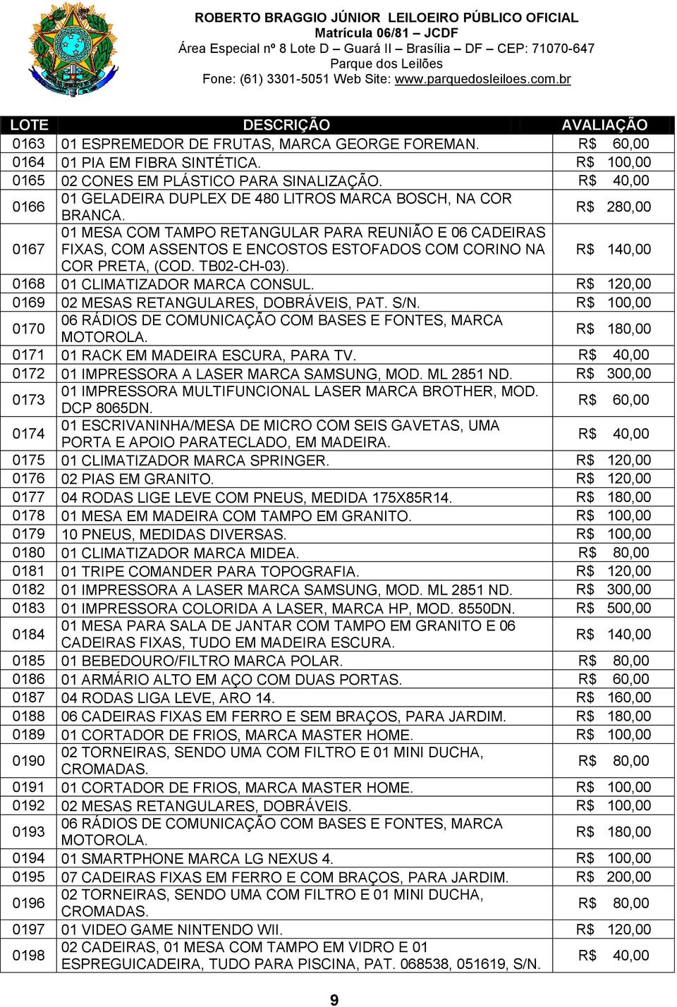 0168 01 CLIMATIZADOR MARCA CONSUL. R$ 120,00 0169 02 MESAS RETANGULARES, DOBRÁVEIS, PAT. R$ 100,00 0170 0171 01 RACK EM MADEIRA ESCURA, PARA TV. R$ 40,00 0172 01 IMPRESSORA A LASER MARCA SAMSUNG, MOD.