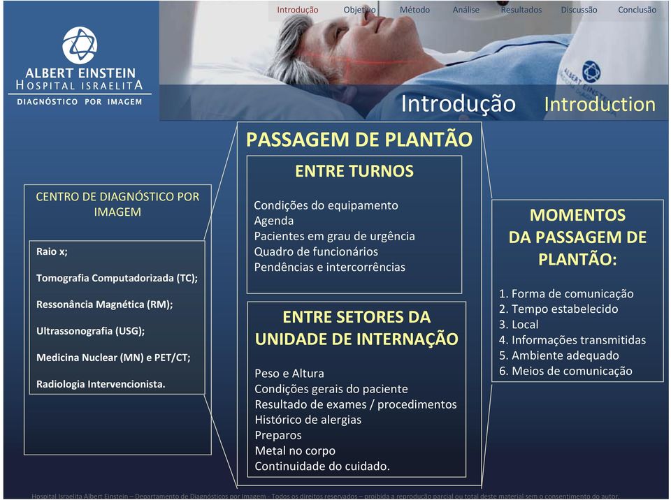 Introdução PASSAGEM DE PLANTÃO ENTRE TURNOS Condições do equipamento Agenda Pacientes em grau de urgência Quadro de funcionários Pendências e intercorrências ENTRE SETORES DA