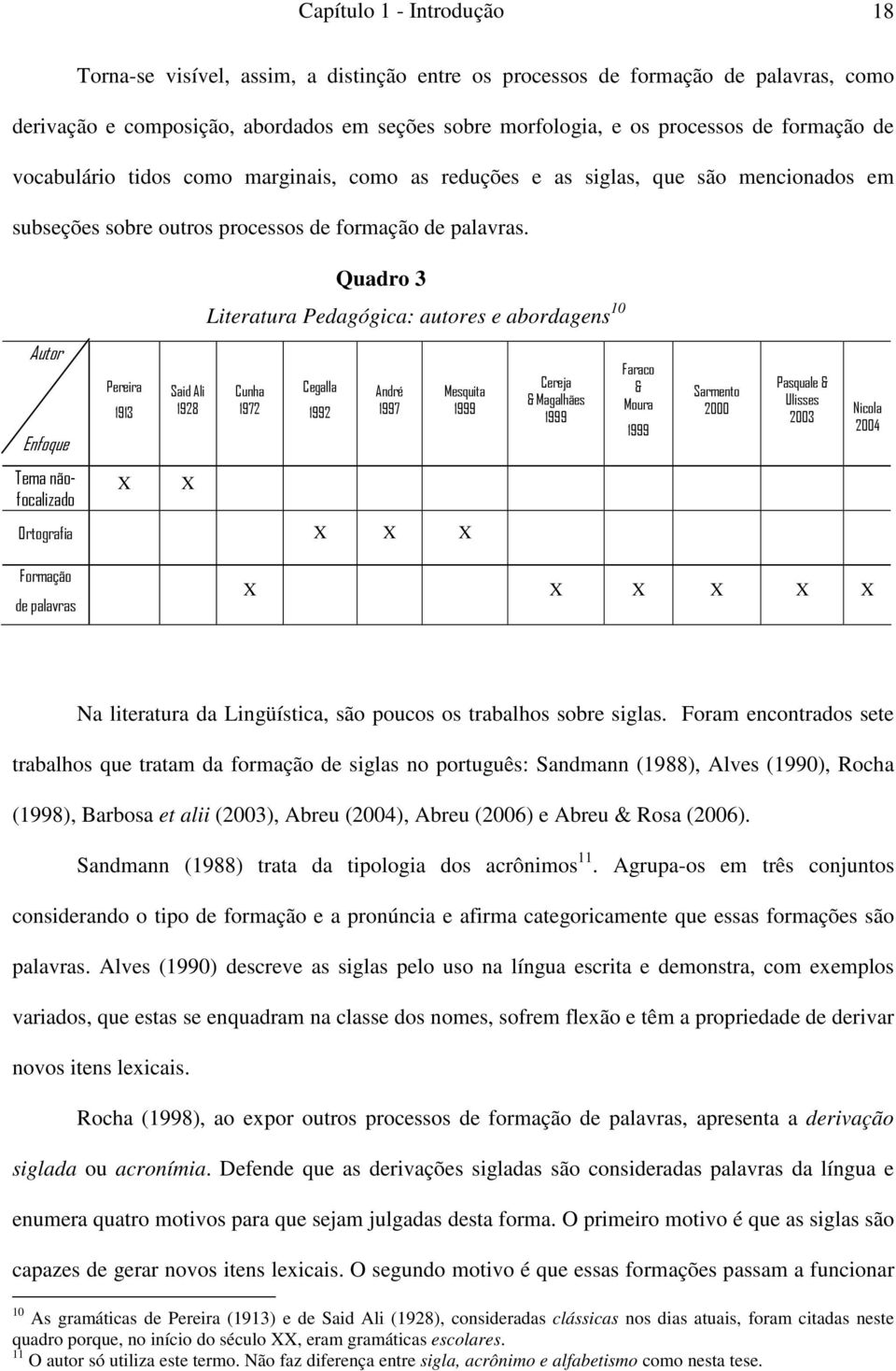 Quadro 3 Literatura Pedagógica: autores e abordagens 10 Autor Enfoque Pereira 1913 Said Ali 1928 Cunha 1972 Cegalla 1992 André 1997 Mesquita 1999 Cereja & Magalhães 1999 Faraco & Moura 1999 Sarmento