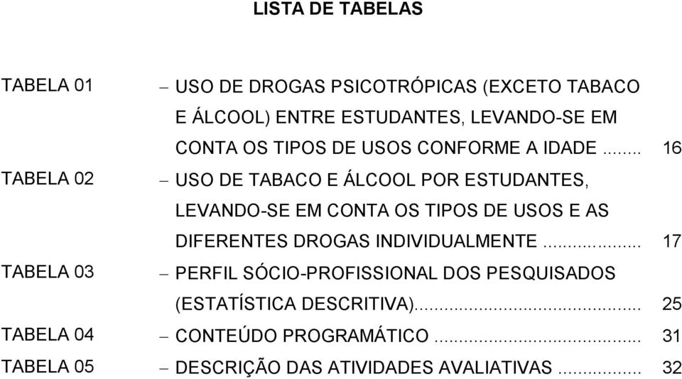 .. 16 TABELA 02 USO DE TABACO E ÁLCOOL POR ESTUDANTES, LEVANDO-SE EM CONTA OS TIPOS DE USOS E AS DIFERENTES DROGAS