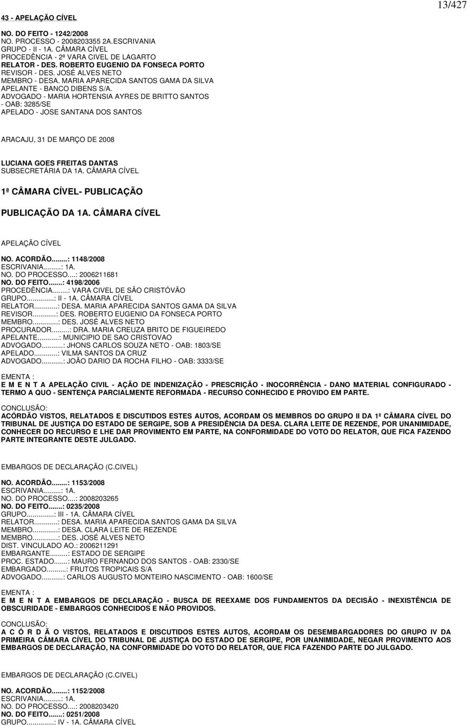 ADVOGADO - MARIA HORTENSIA AYRES DE BRITTO SANTOS - OAB: 3285/SE APELADO - JOSE SANTANA DOS SANTOS ARACAJU, 31 DE MARÇO DE 2008 LUCIANA GOES FREITAS DANTAS SUBSECRETÁRIA DA 1A.