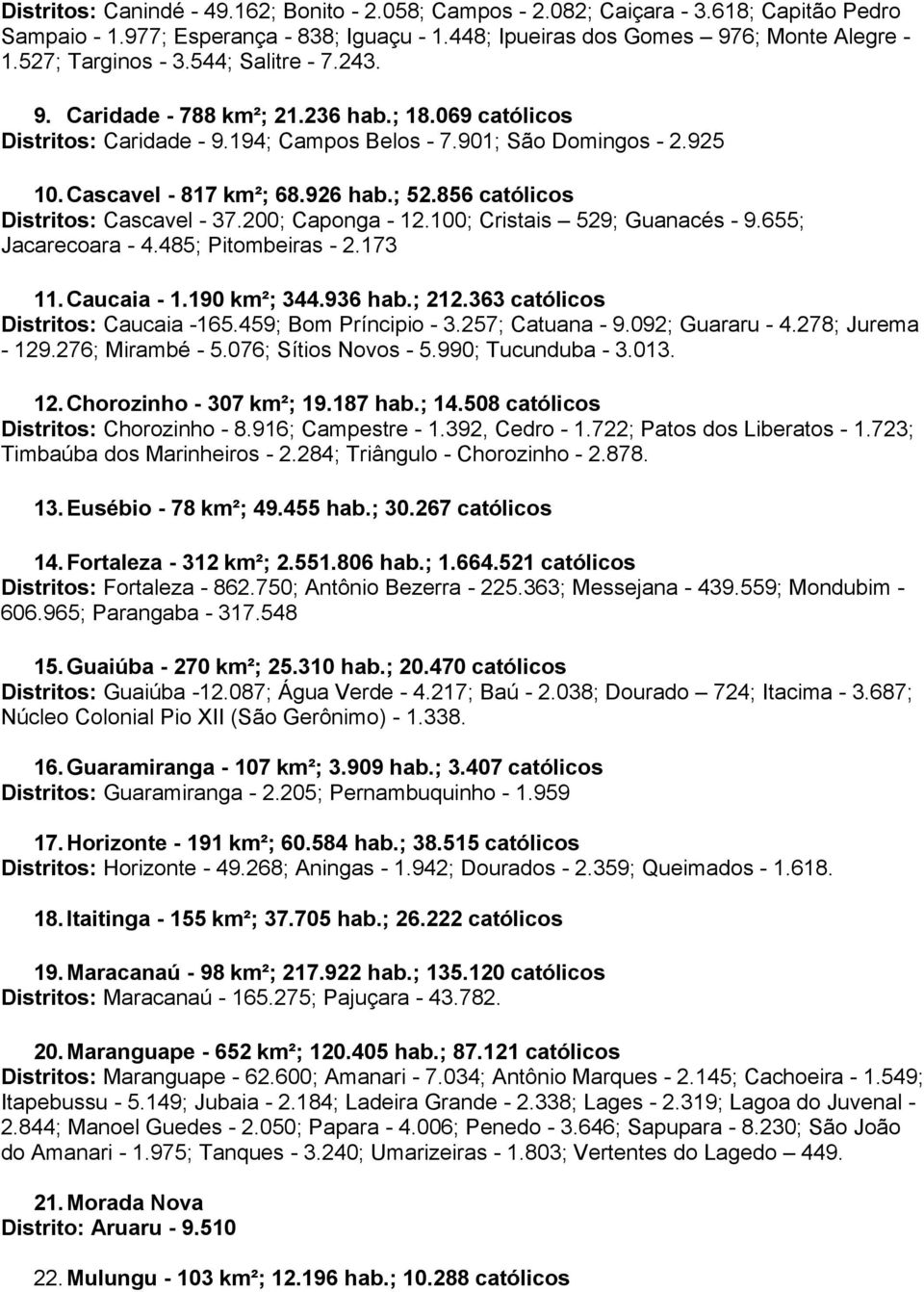 ; 52.856 católicos Distritos: Cascavel - 37.200; Caponga - 12.100; Cristais 529; Guanacés - 9.655; Jacarecoara - 4.485; Pitombeiras - 2.173 11. Caucaia - 1.190 km²; 344.936 hab.; 212.