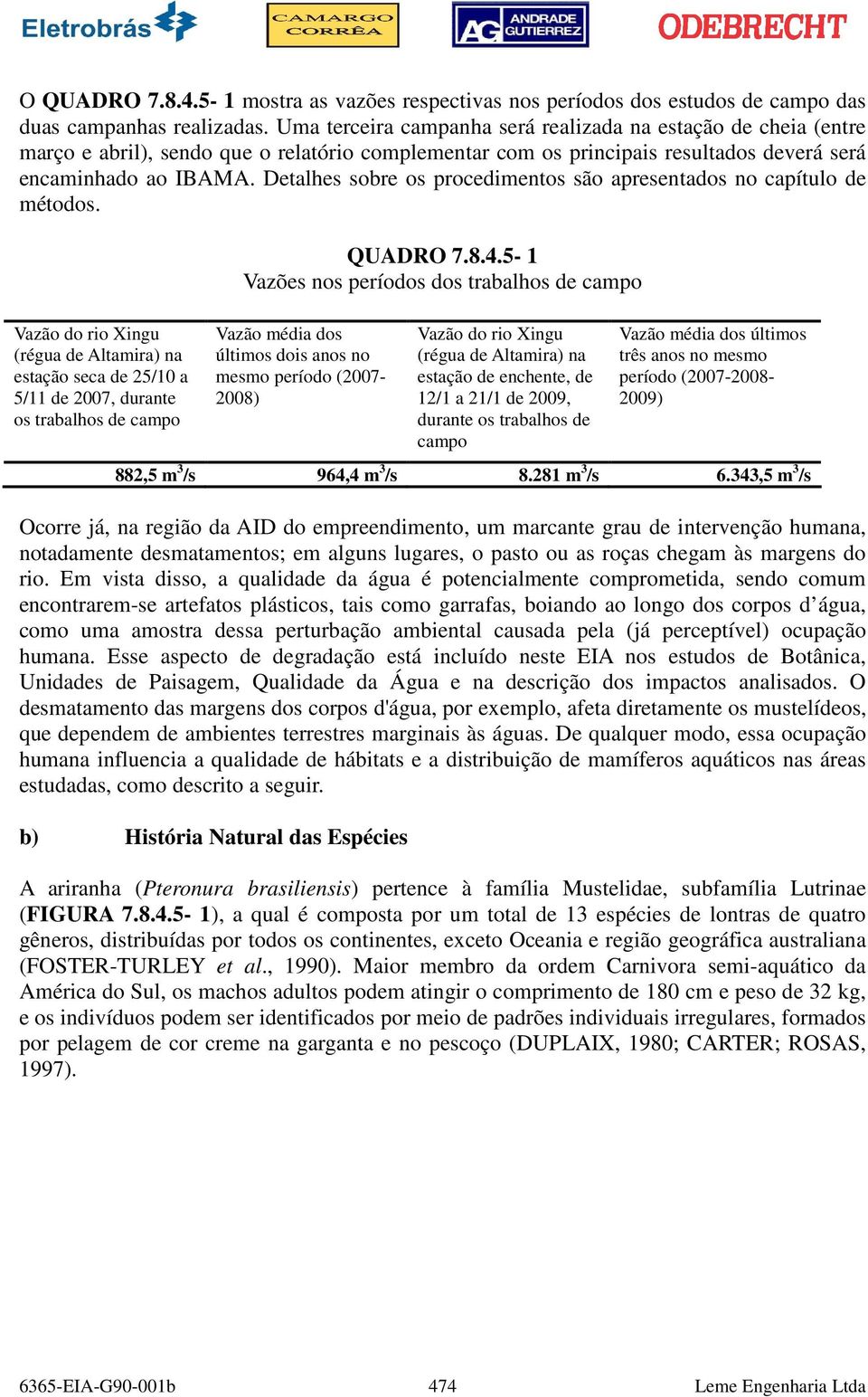 Detalhes sobre os procedimentos são apresentados no capítulo de métodos. Vazão do rio Xingu (régua de Altamira) na estação seca de 25/10 a 5/11 de 2007, durante os trabalhos de campo QUADRO 7.8.4.