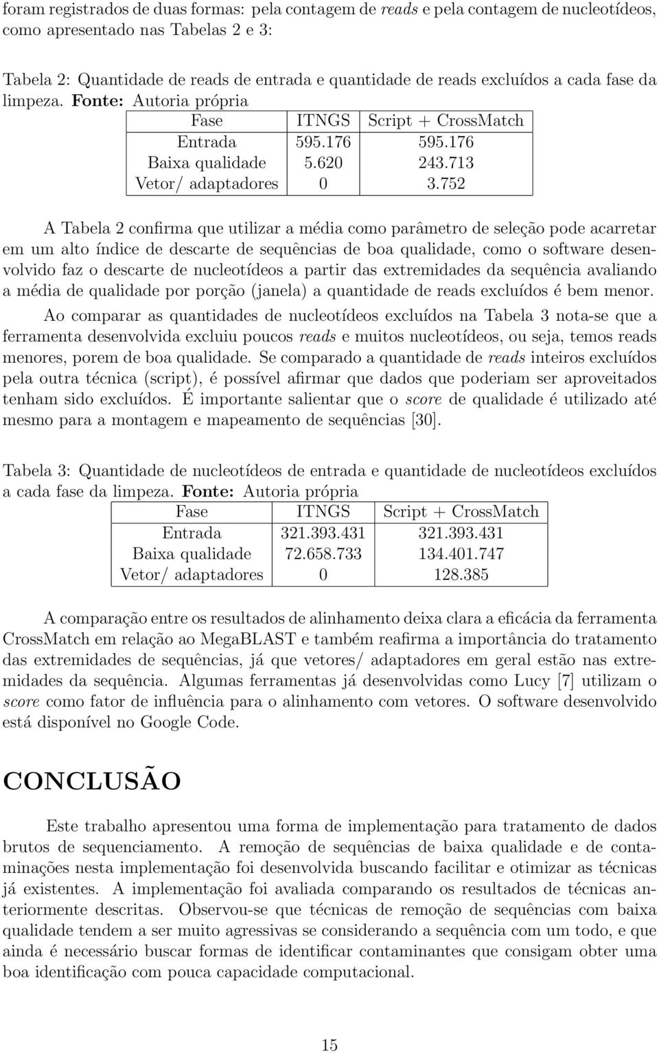 752 A Tabela 2 confirma que utilizar a média como parâmetro de seleção pode acarretar em um alto índice de descarte de sequências de boa qualidade, como o software desenvolvido faz o descarte de