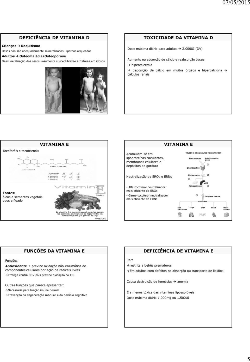 000UI (DV) Aumento na absorção de cálcio e reabsorção óssea hipercalcemia deposição de cálcio em muitos órgãos e hipercalciúria cálculos renais Tocoferóis e tocotrienóis VITAMINA E Acumulam-se em