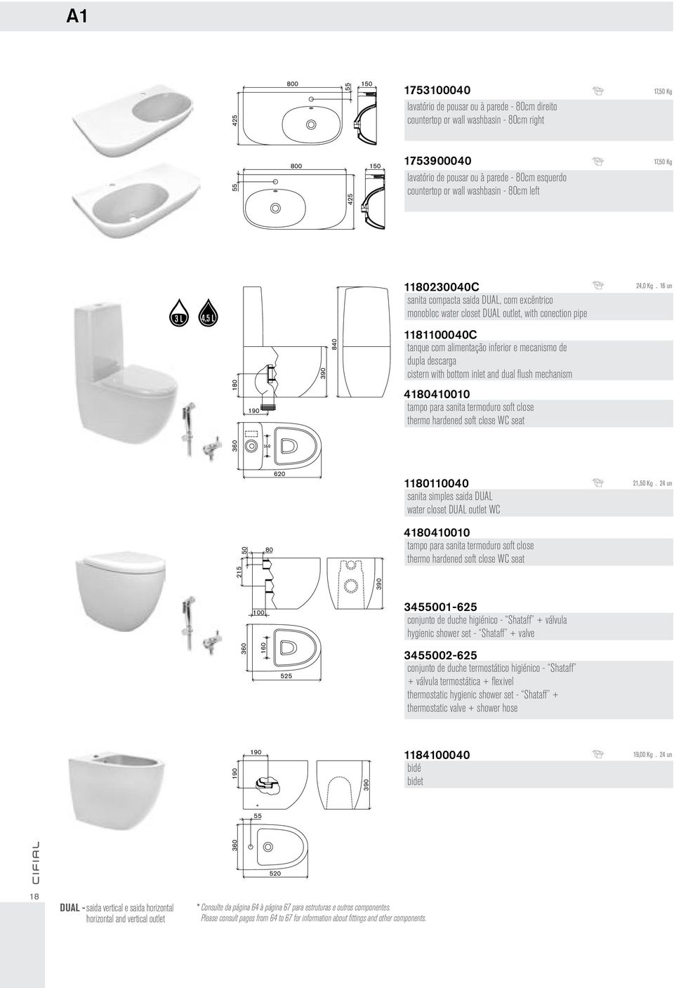 pipe 1181100040C tanque com alimentação inferior e mecanismo de dupla descarga cistern with bottom inlet and dual flush mechanism 4180410010 tampo para sanita termoduro soft close thermo hardened