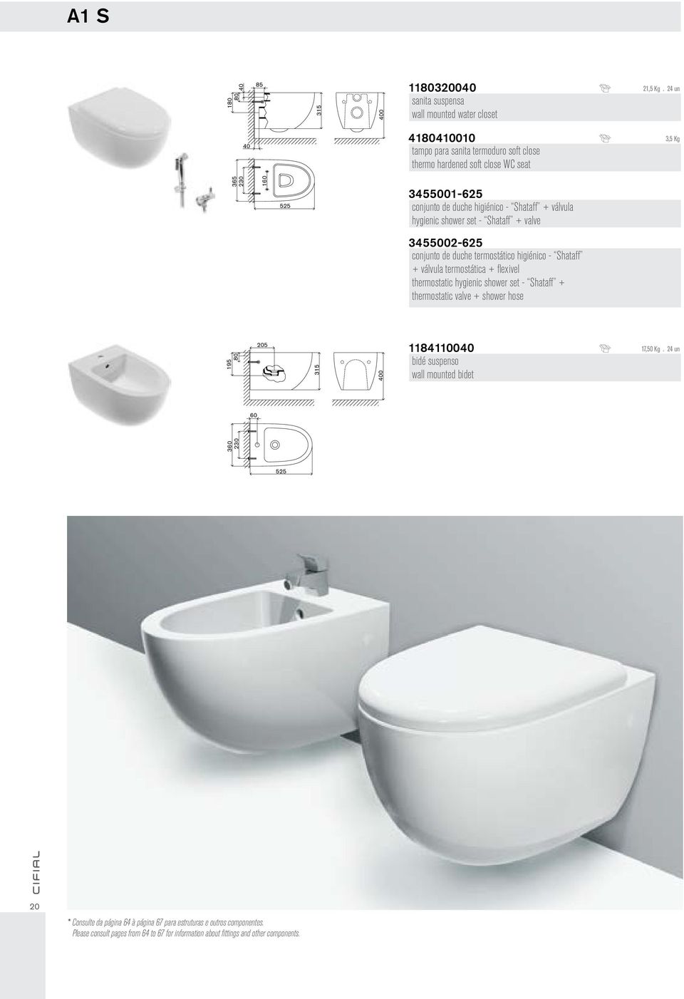 24 un 60 360 230 160 525 3455001- conjunto de duche higiénico - Shataff + válvula hygienic shower set - Shataff + valve 3455002- conjunto de duche termostático higiénico - Shataff +