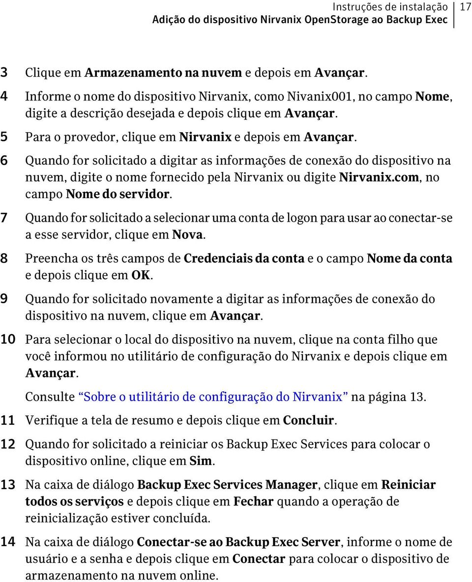 6 Quando for solicitado a digitar as informações de conexão do dispositivo na nuvem, digite o nome fornecido pela Nirvanix ou digite Nirvanix.com, no campo Nome do servidor.