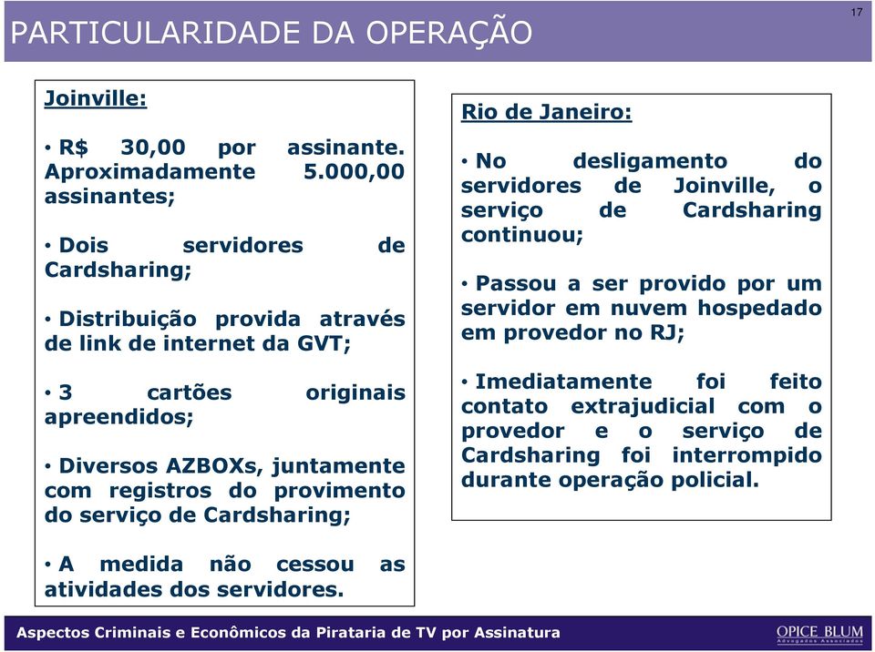 juntamente com registros do provimento do serviço de Cardsharing; Rio de Janeiro: No desligamento do servidores de Joinville, o serviço de Cardsharing continuou;