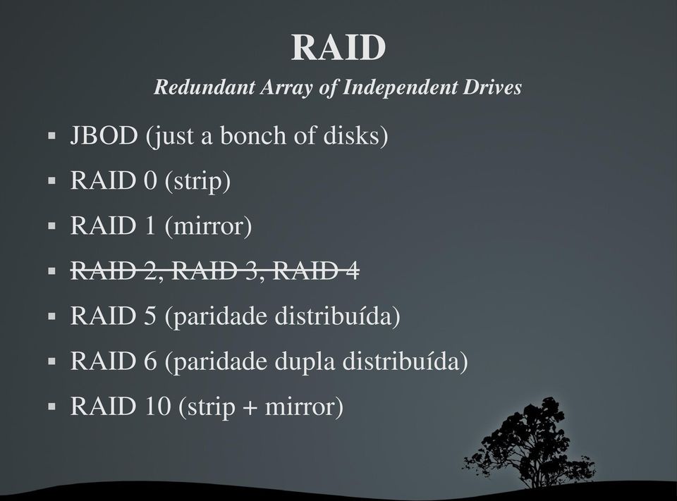 2, RAID 3, RAID 4 RAID 5 (paridade distribuída) RAID