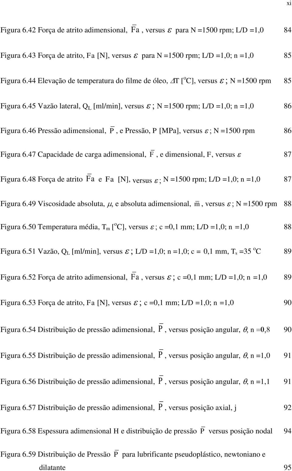 46 Pressão adimensional, P, e Pressão, P [MPa], versus N =1500 rpm 86 Figura 6.47 Capacidade de carga adimensional, F, e dimensional, F, versus 87 Figura 6.