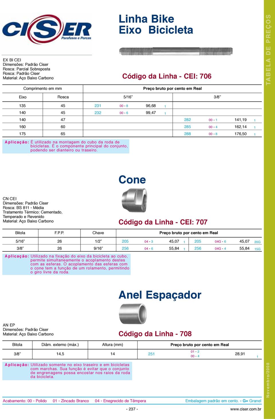 Cone CN CEI Dimensões: Padrão Ciser Rosca: BS 8 - Média Tratamento Térmico: Cementado, Temperado e Revenido Código da Linha - CEI: 707 /6 6 / 0 4,07 0 04G - 6 4,07 0G 6 9/6 6,84 6 04G - 4,84 G