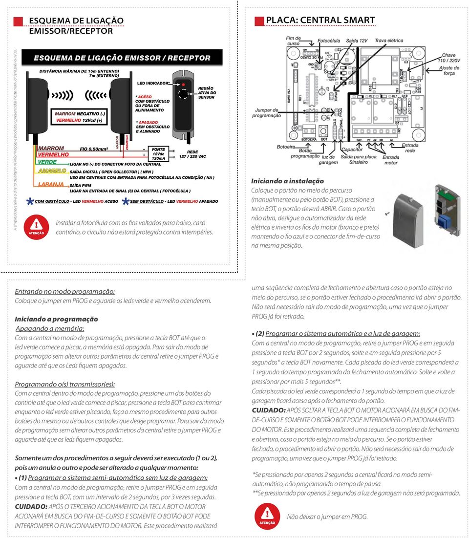 Iniciando a instalação Coloque o portão no meio do percurso (manualmente ou pelo botão BOT), pressione a tecla BOT, o portão deverá ABRIR.