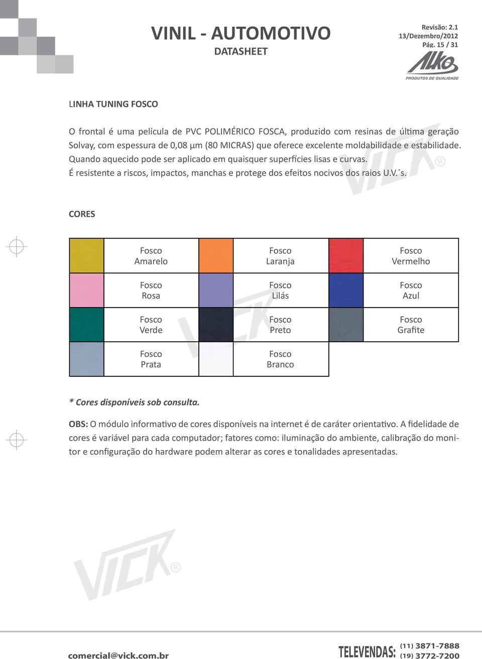 OBS: O módulo informativo de cores disponíveis na internet é de caráter orientativo.