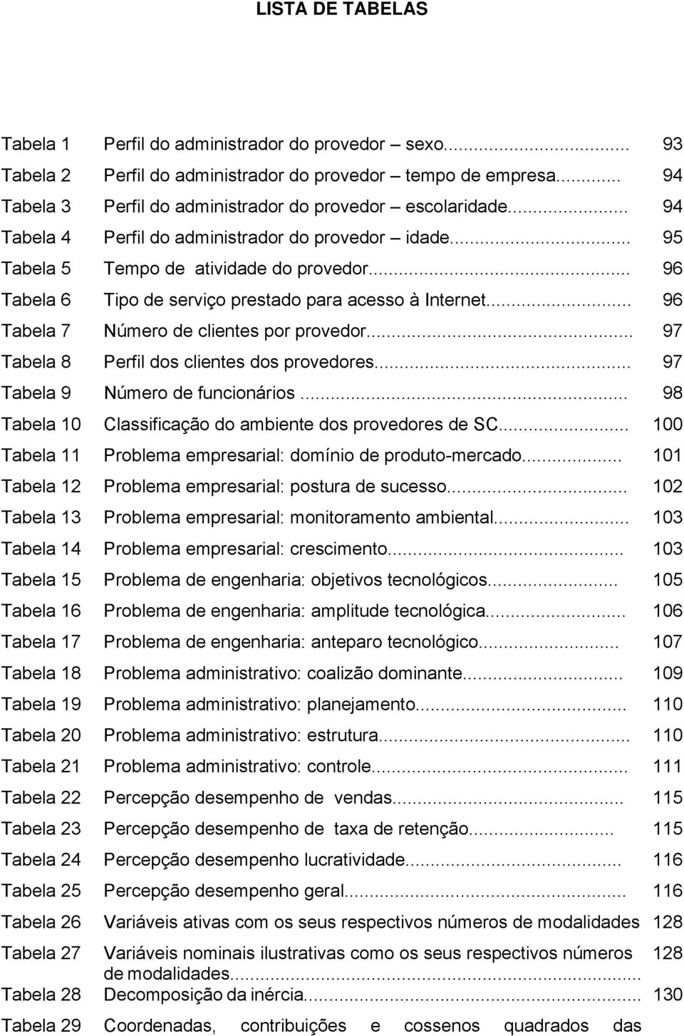 .. 96 Tabela 7 Número de clientes por provedor... 97 Tabela 8 Perfil dos clientes dos provedores... 97 Tabela 9 Número de funcionários... 98 Tabela 10 Classificação do ambiente dos provedores de SC.