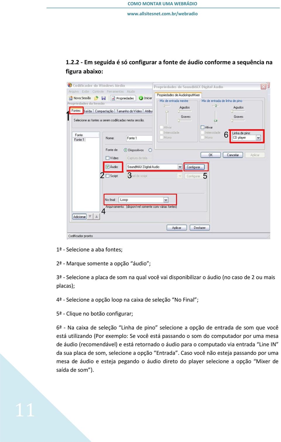 selecione a opção de entrada de som que você está utilizando (Por exemplo: Se você está passando o som do computador por uma mesa de áudio (recomendável) e está retornado o áudio para o computado