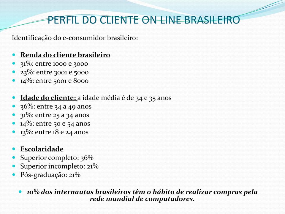 31%: entre 25 a 34 anos 14%: entre 50 e 54 anos 13%: entre 18 e 24 anos Escolaridade Superior completo: 36% Superior