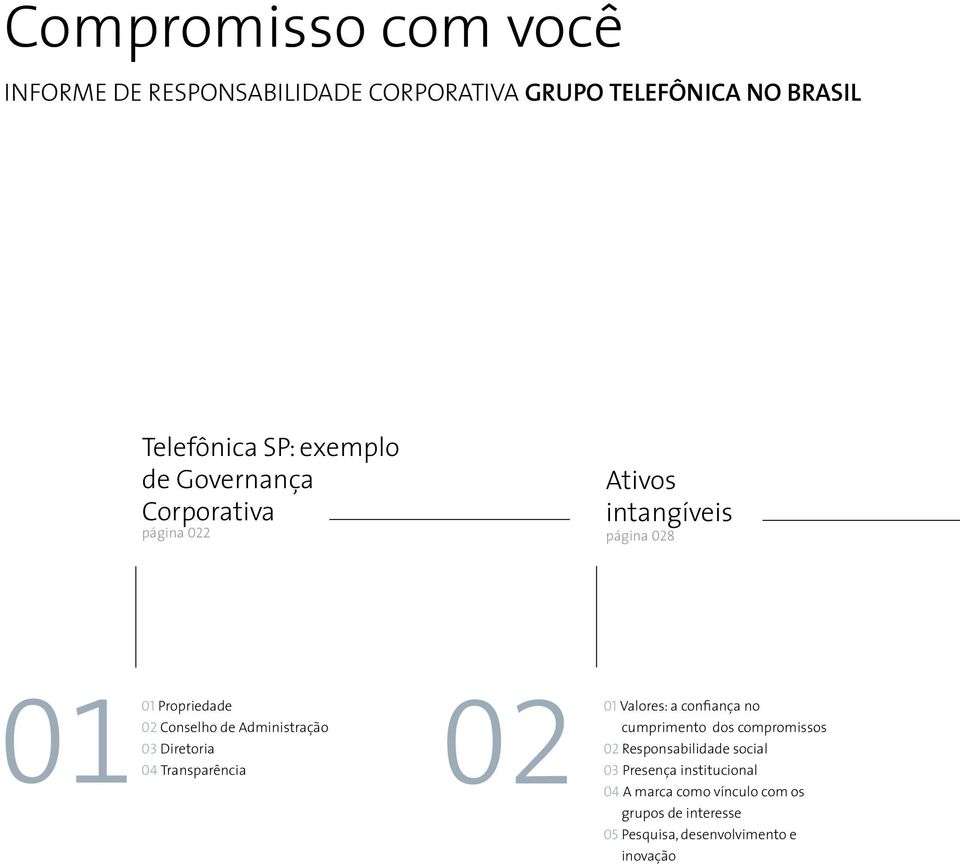 03 Diretoria 04 Transparência 01 Valores: a confiança no cumprimento dos compromissos 02 Responsabilidade social