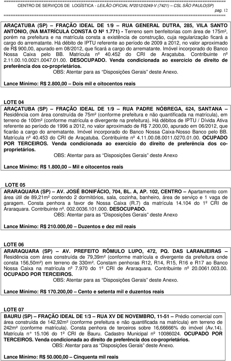 Há débito de IPTU referente ao período de 2009 a 2012, no valor aproximado de R$ 900,00, apurado em 08/2012, que ficará a cargo do arrematante. Imóvel incorporado do Banco Nossa Caixa pelo BB.