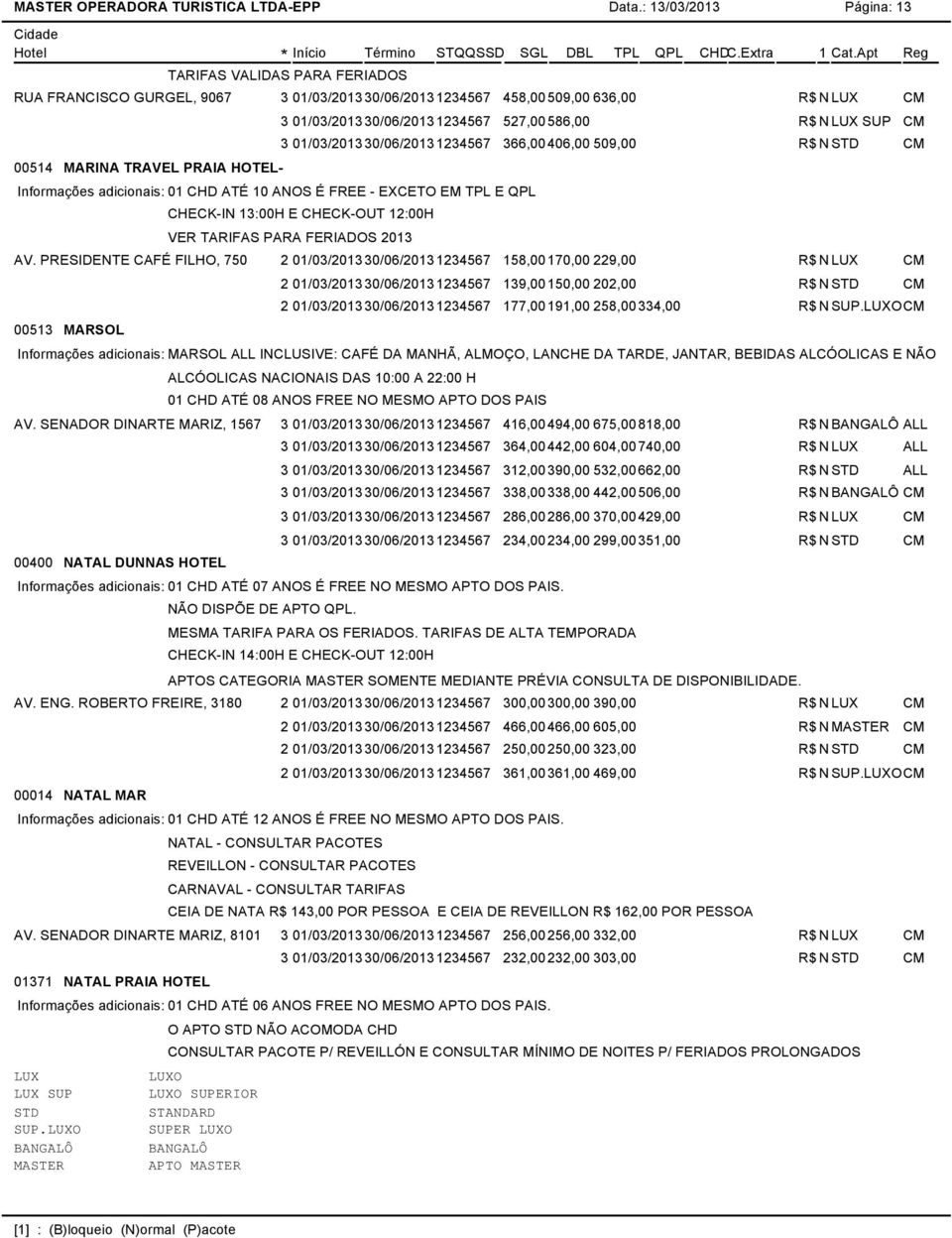 01/03/201330/06/20131234567 366,00406,00 509,00 00514 MARINA TRAVEL PRAIA HOTEL- Informações adicionais: 01 CHD ATÉ 10 ANOS É FREE - EXCETO EM TPL E QPL CHECK-IN 13:00H E CHECK-OUT 12:00H VER TARIFAS