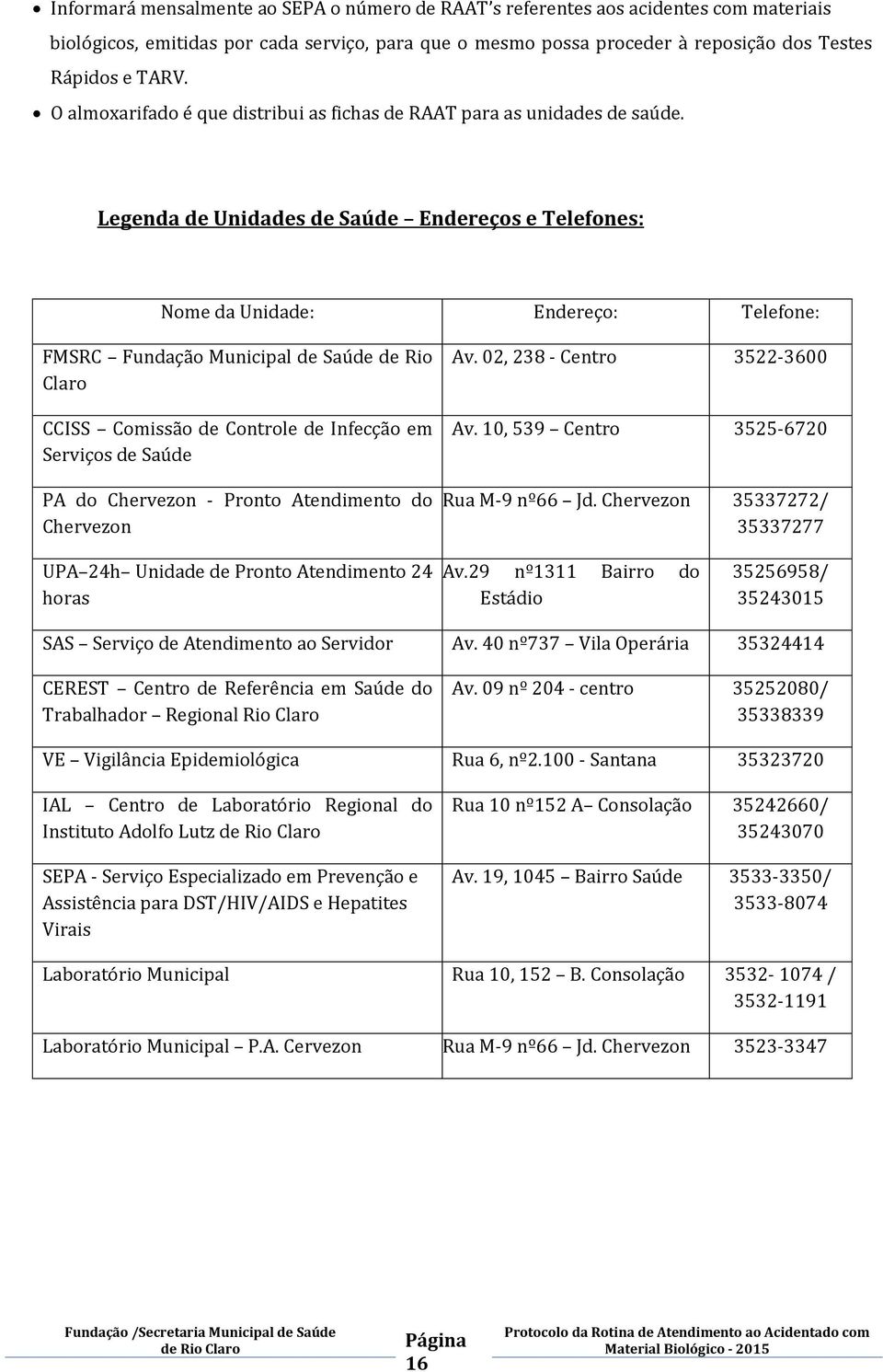 Legenda de Unidades de Saúde Endereços e Telefones: Nome da Unidade: Endereço: Telefone: FMSRC Fundação Municipal de Saúde de Rio Claro CCISS Comissão de Controle de Infecção em Serviços de Saúde PA