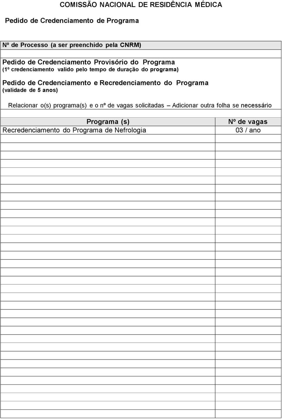 Recredenciamento do Programa (validade de 5 anos) Relacionar o(s) programa(s) e o nº de vagas