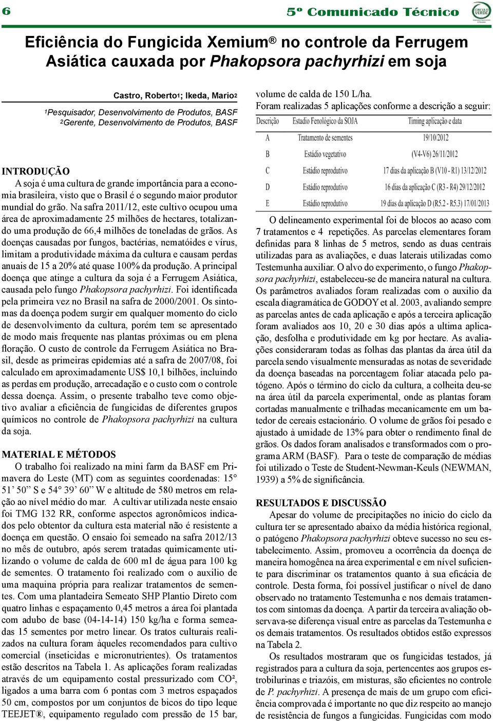 Foram realizadas 5 aplicações conforme a descrição a seguir: INTRODUÇÃO A soja é uma cultura de grande importância para a economia brasileira, visto que o Brasil é o segundo maior produtor mundial do