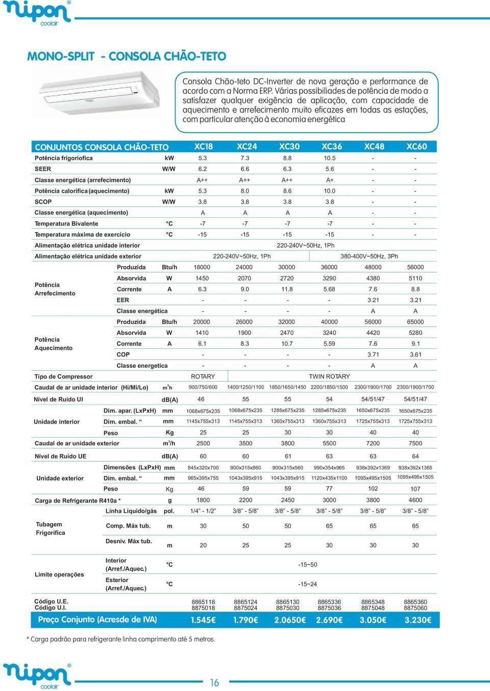 economia energética CONJUNTOS CONSOLA CHÃO-TETO XC18 XC24 XC0 XC6 XC48 XC60 Potência frigoríofica kw 5.