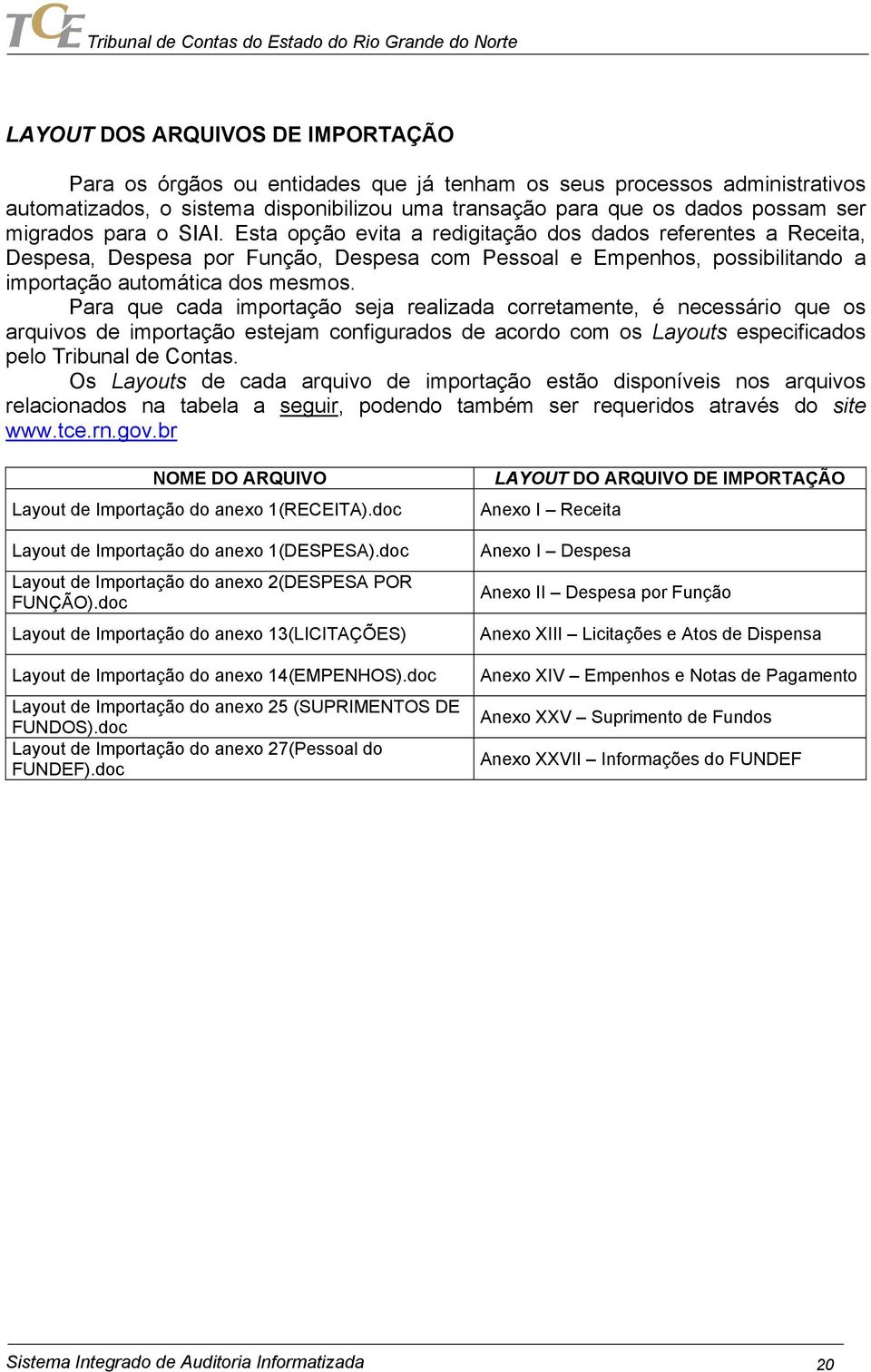 Para que cada importação seja realizada corretamente, é necessário que os arquivos de importação estejam configurados de acordo com os Layouts especificados pelo Tribunal de Contas.