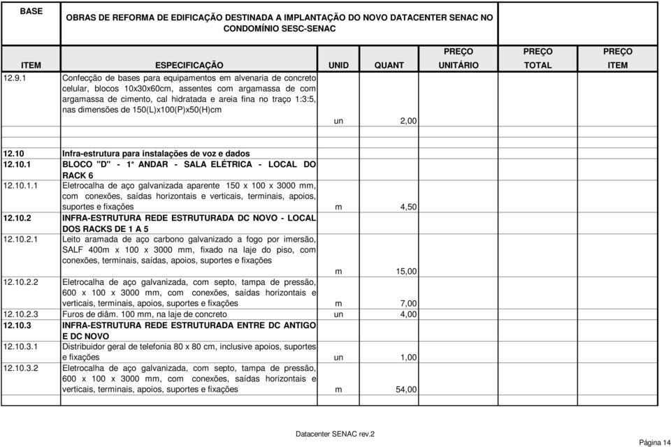 10.2 INFRA-ESTRUTURA REDE ESTRUTURADA DC NOVO - LOCAL DOS RACKS DE 1 A 5 12.10.2.1 Leito aramada de aço carbono galvanizado a fogo por imersão, SALF 400m x 100 x 3000 mm, fixado na laje do piso, com conexões, terminais, saídas, apoios, suportes e fixações m 15,00 12.