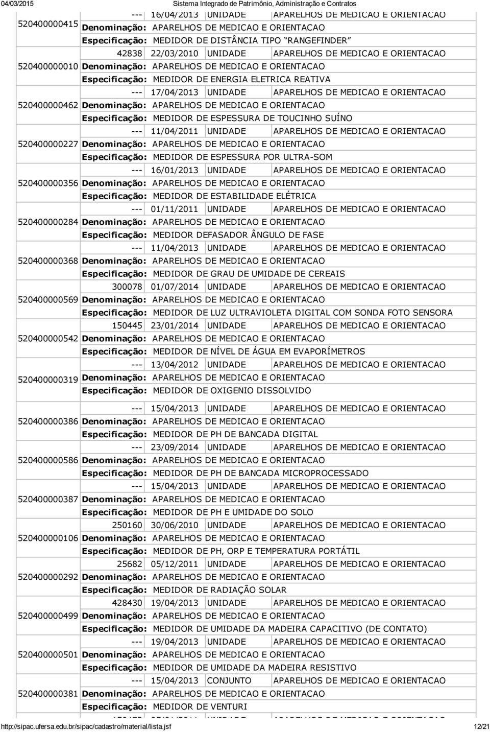 UNIDADE APARELHOS DE MEDICAO E ORIENTACAO 520400000356 Especificação: MEDIDOR DE ESTABILIDADE ELÉTRICA 01/11/2011 UNIDADE APARELHOS DE MEDICAO E ORIENTACAO 520400000284 Especificação: MEDIDOR