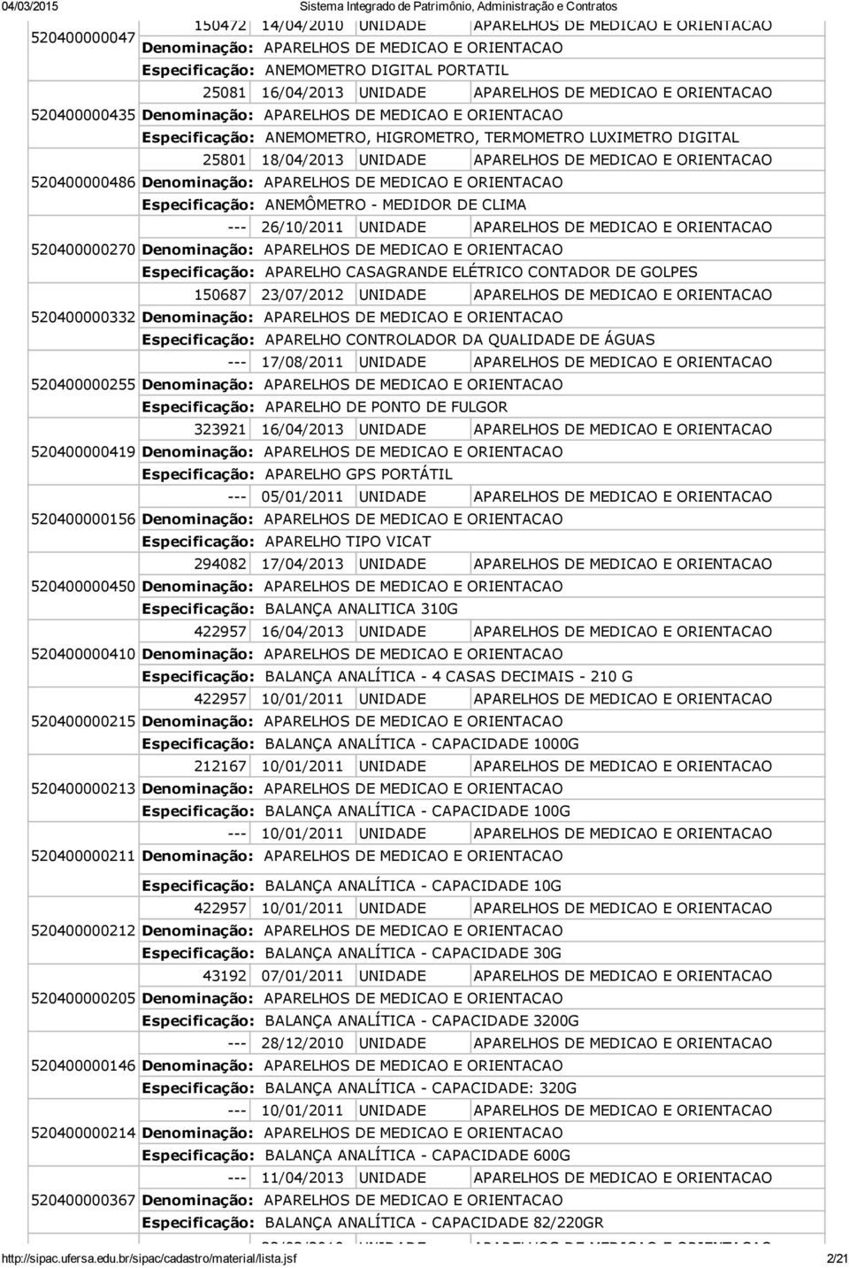 UNIDADE APARELHOS DE MEDICAO E ORIENTACAO 520400000270 Especificação: APARELHO CASAGRANDE ELÉTRICO CONTADOR DE GOLPES 150687 23/07/2012 UNIDADE APARELHOS DE MEDICAO E ORIENTACAO 520400000332