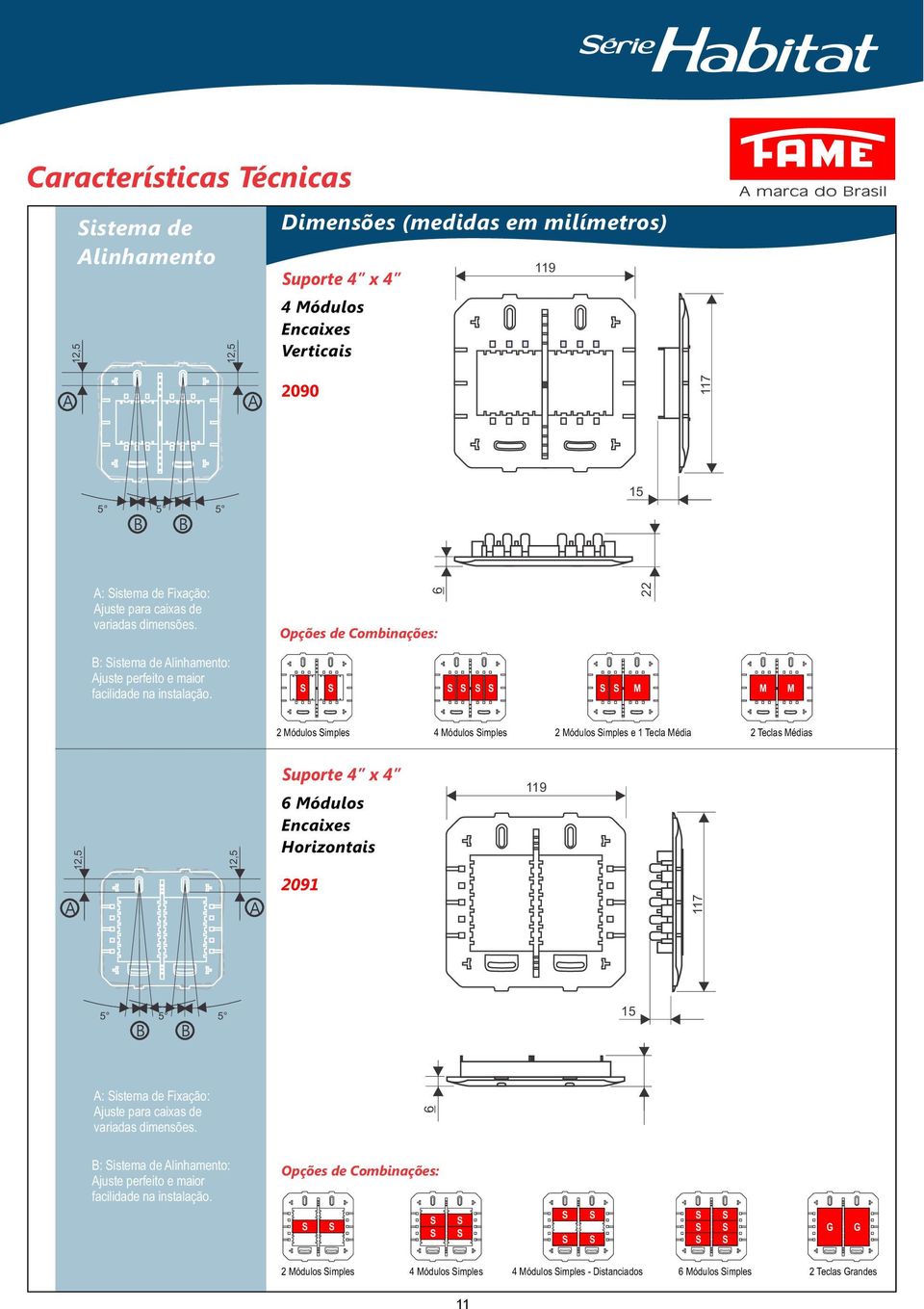 M M M 2 Módulos imples 4 Módulos imples 2 Módulos imples e Tecla Média 2 Teclas Médias 2,5 2,5 uporte 4 x 4 Módulos Encaixes Horizontais 9 A A 209 7 5 5 5 B B 5 A: istema de