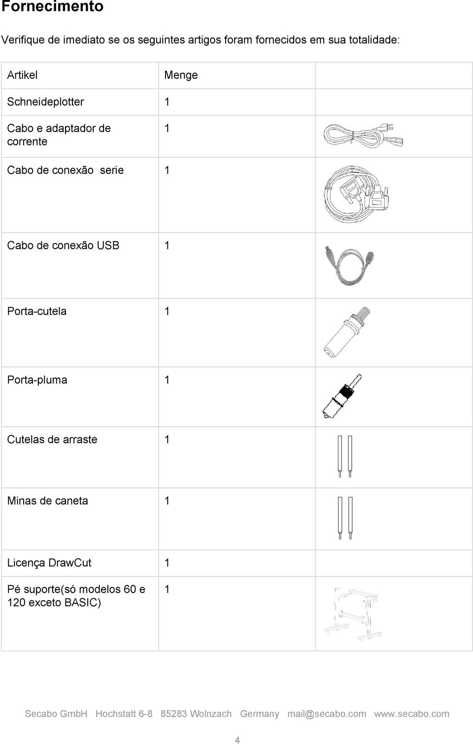 conexão serie 1 Cabo de conexão USB 1 Porta cutela 1 Porta pluma 1 Cutelas de