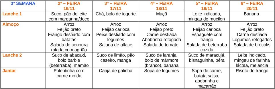 refogada frango Salada de beterraba Suco de limão, pão caseiro, manga bolo de mármore (branco), banana bisnaguinha, pêra Canja de