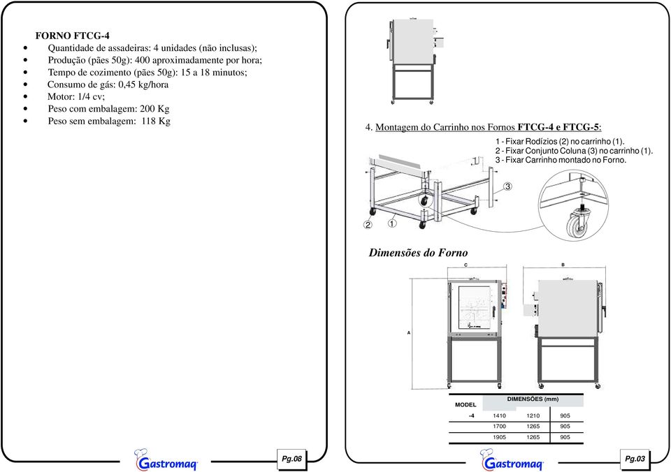 equipamento. Recomendamos utilizar fio 2,5mm, enterrando a haste cerca de 50 cm do solo. 4. Montagem do Carrinho nos Fornos FTCG-4 e FTCG-5: 1 - Fixar Rodízios (2) no carrinho (1).