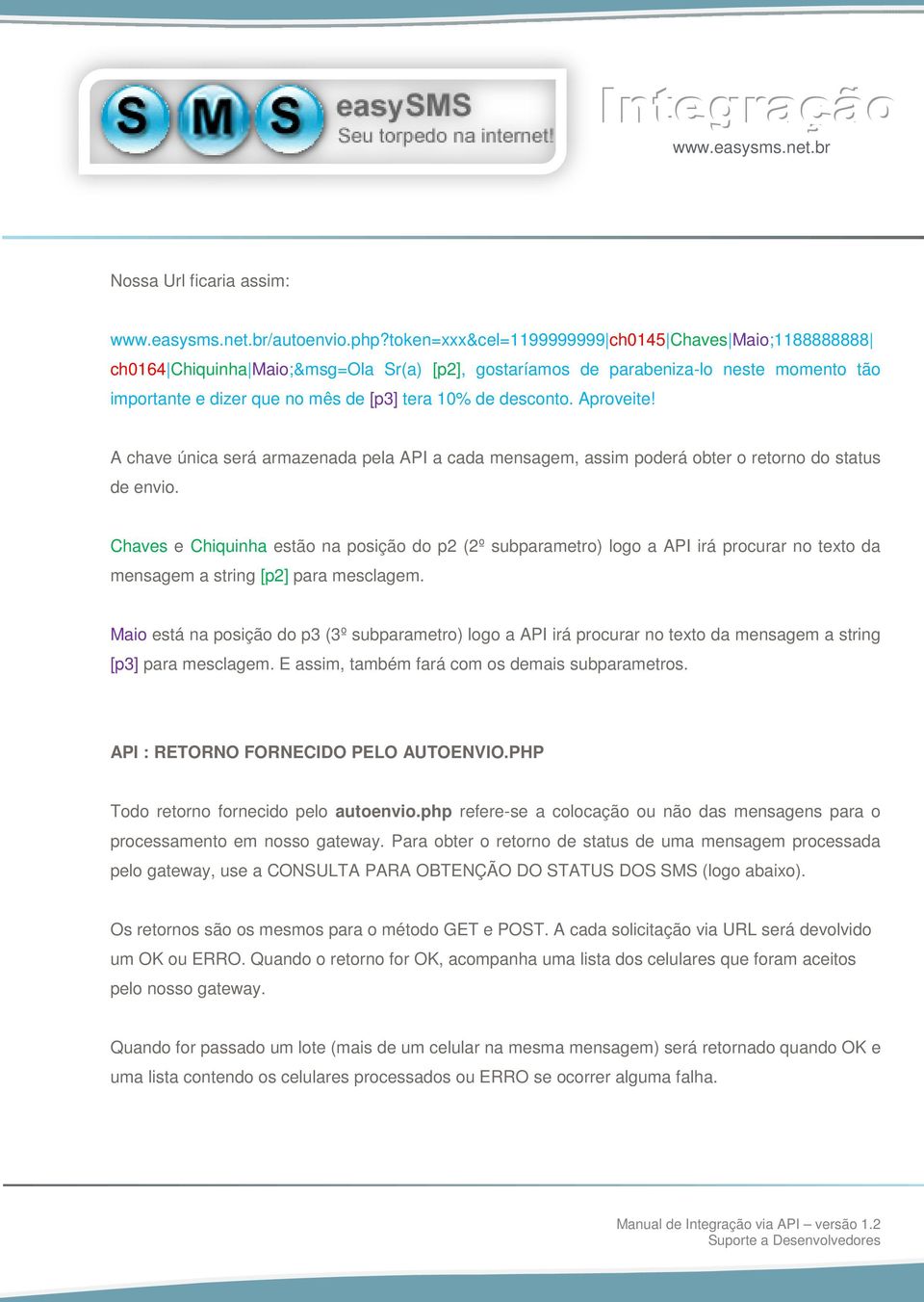 desconto. Aproveite! A chave única será armazenada pela API a cada mensagem, assim poderá obter o retorno do status de envio.