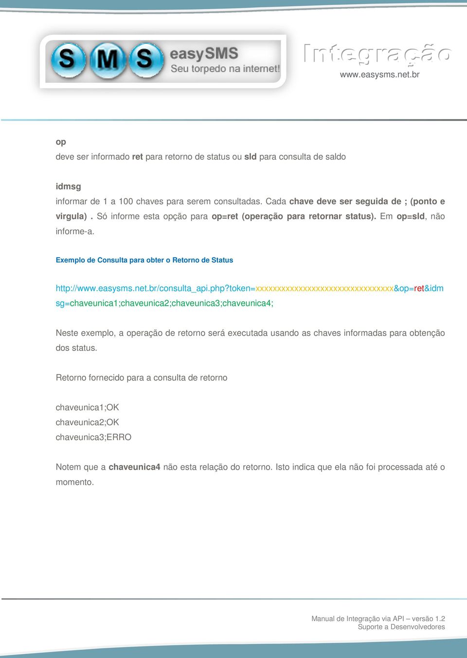 token=xxxxxxxxxxxxxxxxxxxxxxxxxxxxxxxx xxxxxxxxxxxxxxxxxxxxxxxxxxxxxxxx&op=ret&idm sg=chaveunica1;chaveunica2;chaveunica3;chaveunica4; Neste exemplo, a operação de retorno será executada usando as