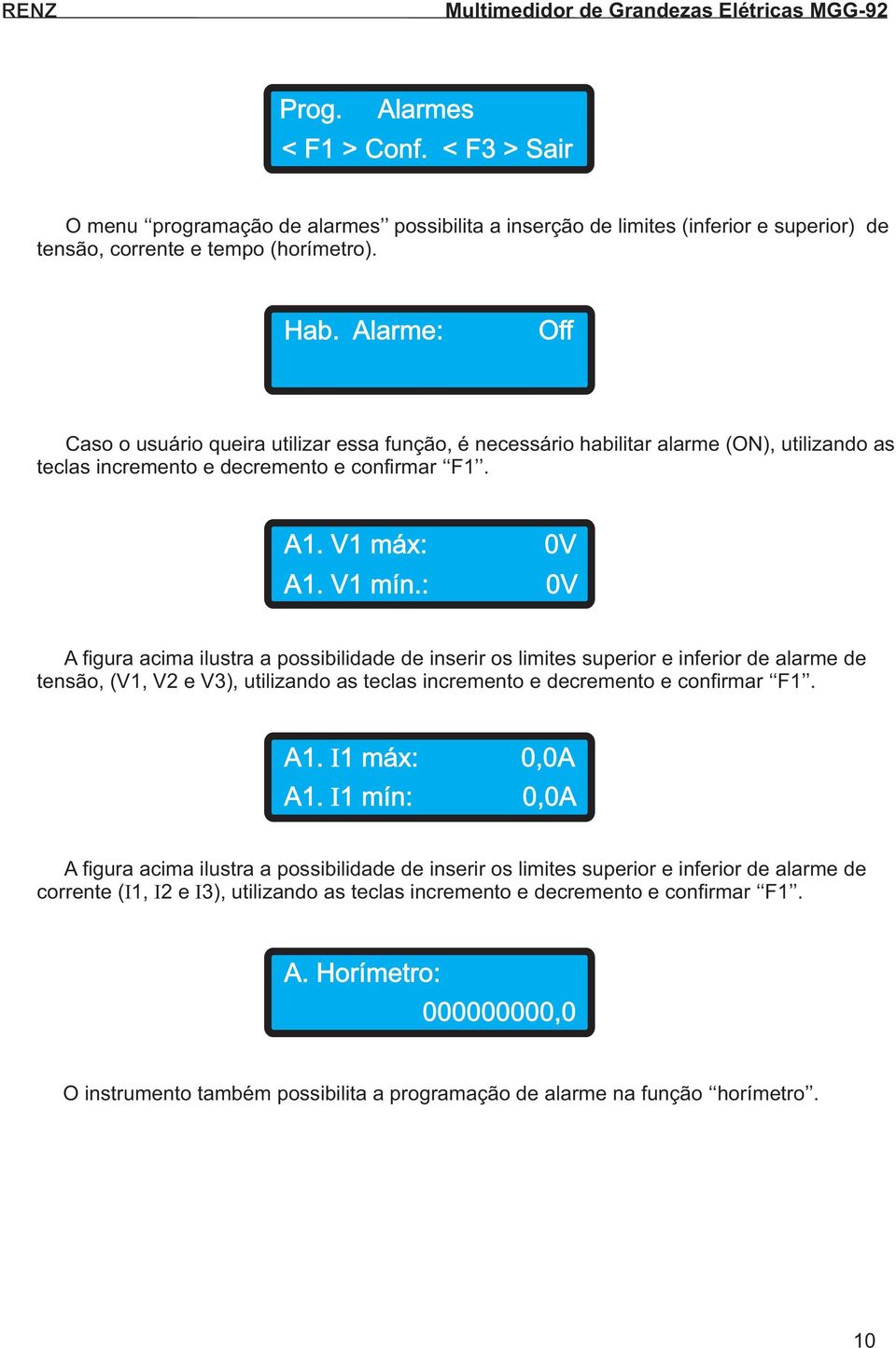 : 0V A figura acima ilustra a possibilidade de inserir os limites superior e inferior de alarme de tensão, (V1, V2 e V3), utilizando as teclas incremento e decremento e confirmar F1. A1.