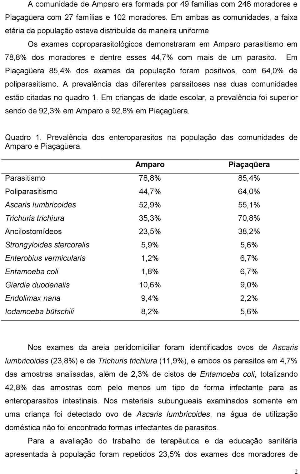 44,7% com mais de um parasito. Em Piaçagüera 85,4% dos exames da população foram positivos, com 64,0% de poliparasitismo.