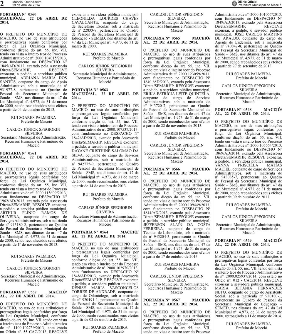 a matrícula de nº 931977-8, pertencente ao Quadro de Pessoal da Secretaria Municipal de a partir de 04 de outubro de 2013. PORTARIA Nº 0561 /AL, 22 DE ABRIL DE Administrativo de nº. 2000.