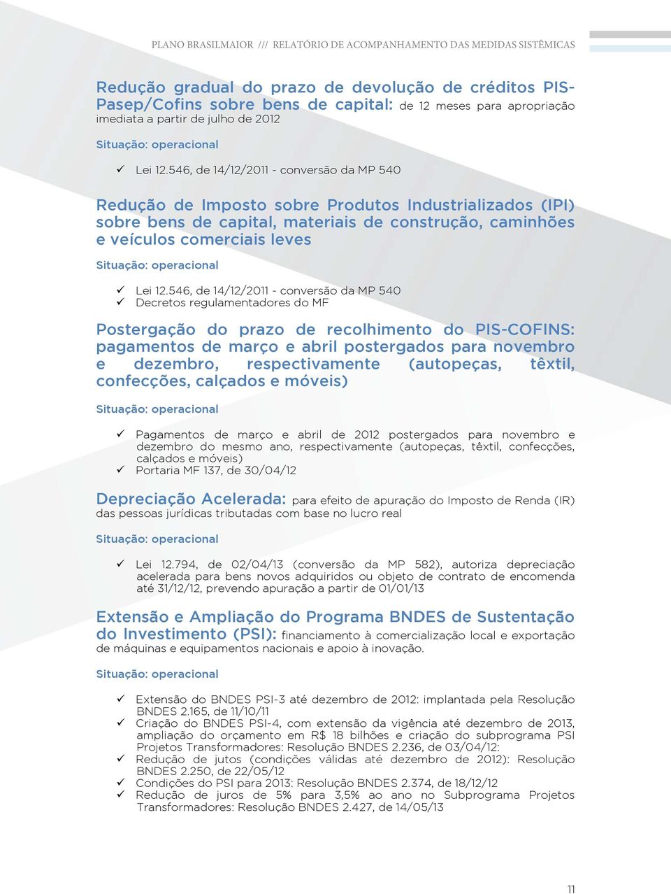 546, de 14/12/2011 - conversão da MP 540 Decretos regulamentadores do MF Postergação do prazo de recolhimento do PIS-COFINS: pagamentos de março e abril postergados para novembro e dezembro,